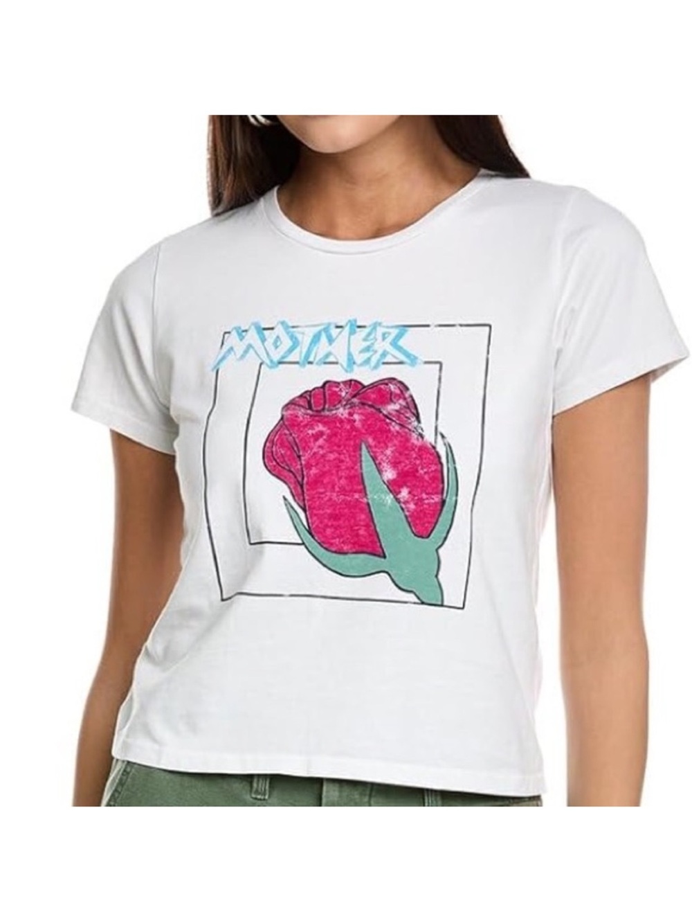 MOTHER White Graphic Tee with Pink Rose and Teal Leaf